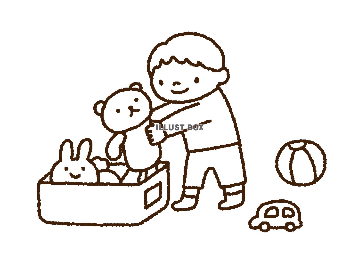 おもちゃを片付ける子供　イラスト　白黒