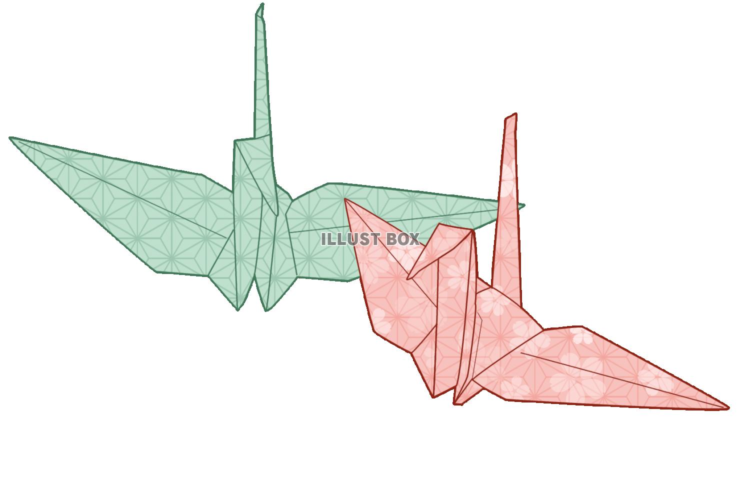 2羽の折鶴(ピンク・緑色)　桜に麻の葉模様　和風イラスト　透...