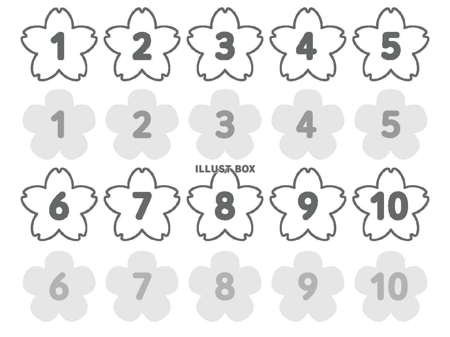 シンプルな桜の数字セット　白黒