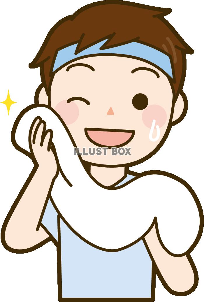 無料イラスト 洗顔後にタオルで顔を拭く男性