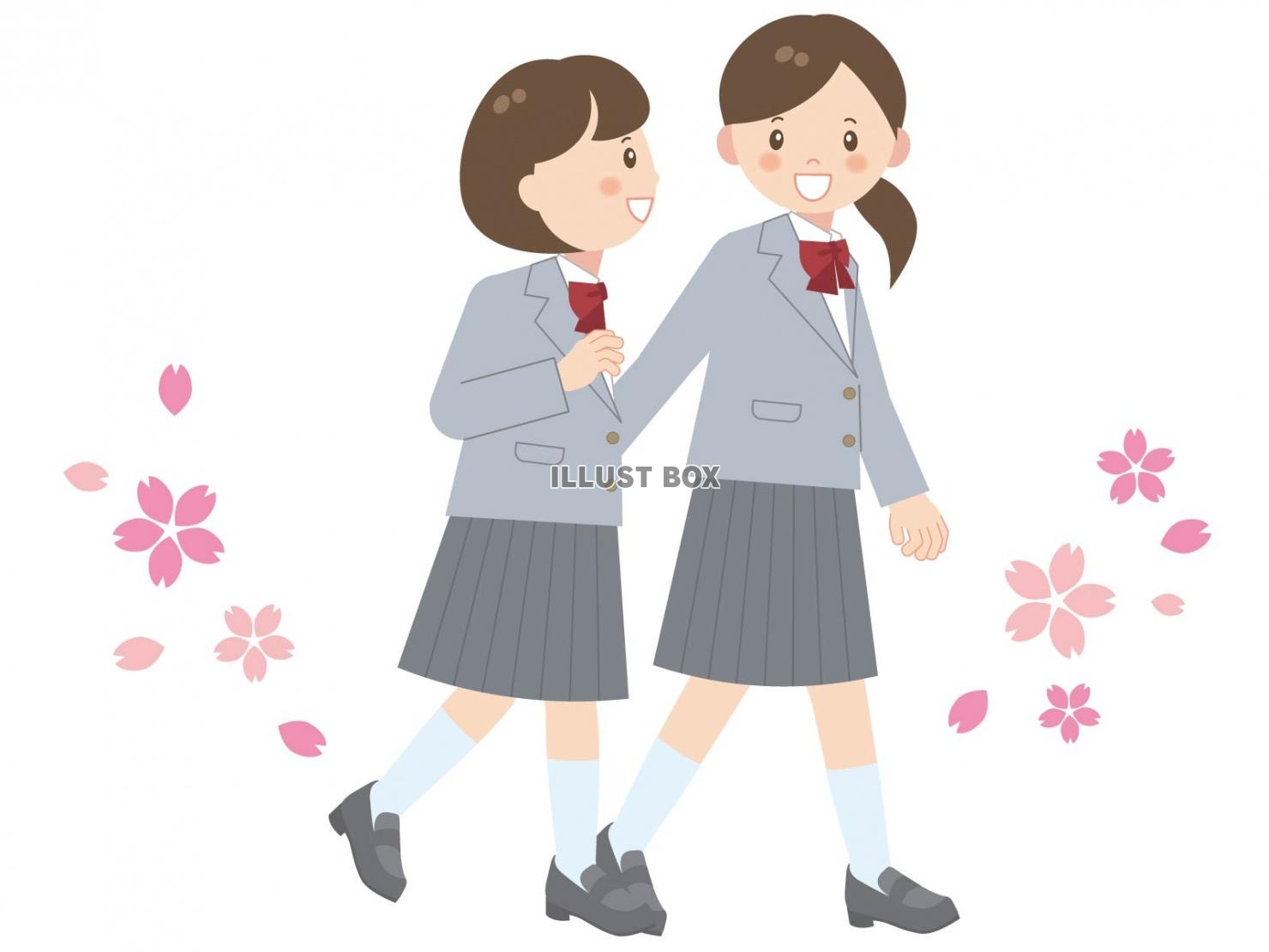 無料イラスト 桜と並んで歩く女子学生