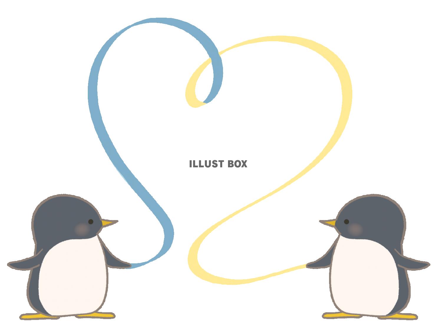 青色と黄色のリボンを持つペンギンのイラスト　線あり