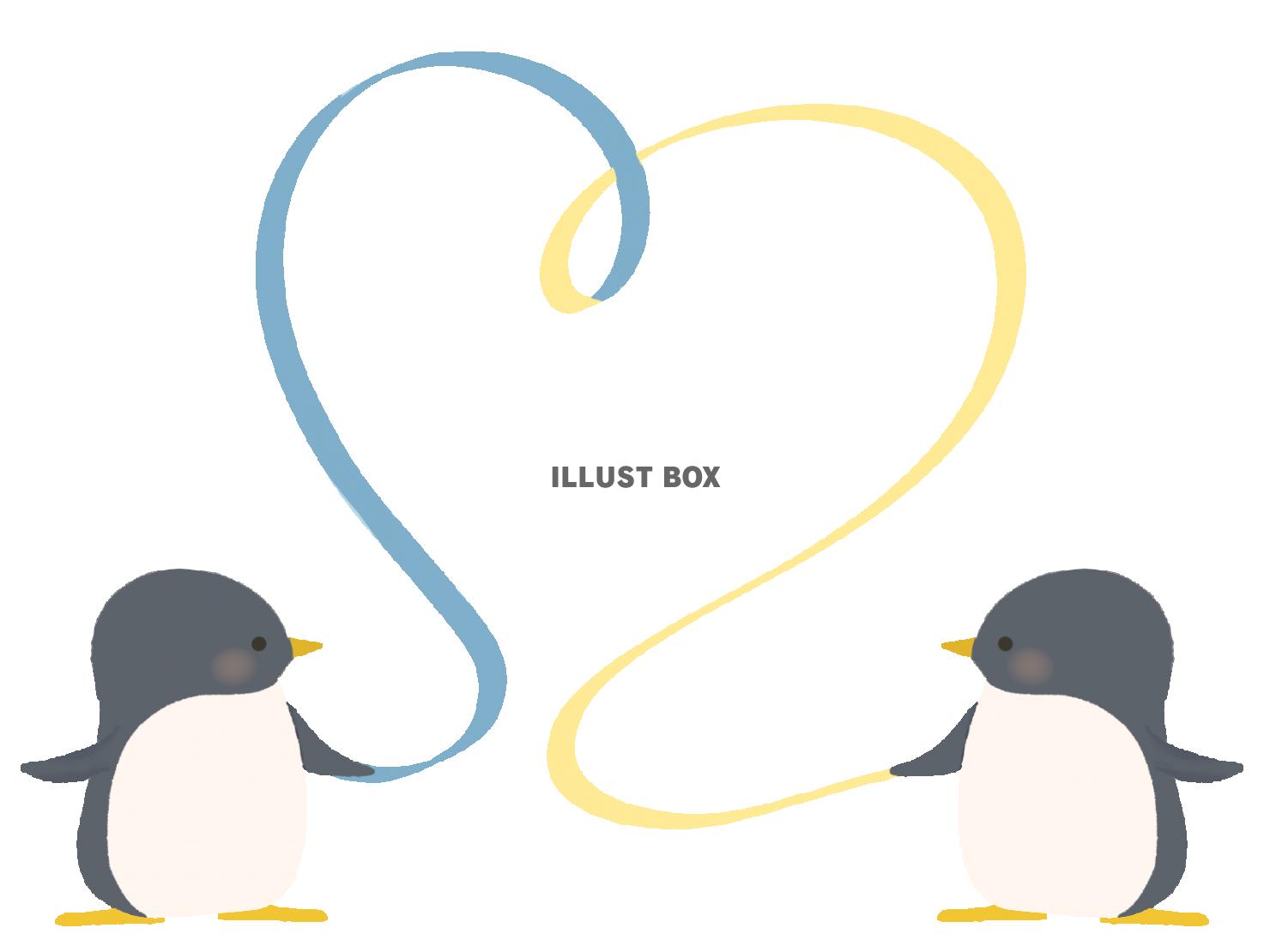 青色と黄色のリボンを持つペンギンのイラスト　線なし
