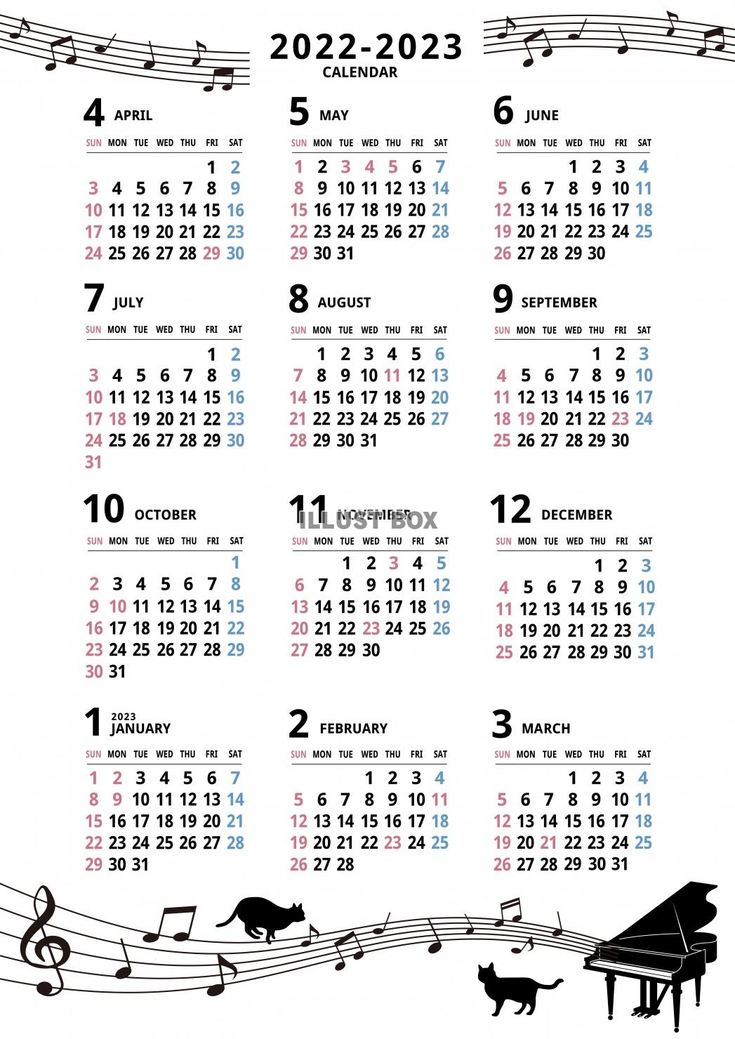 無料イラスト 22年 4月始まり年間カレンダー ピアノデザイン