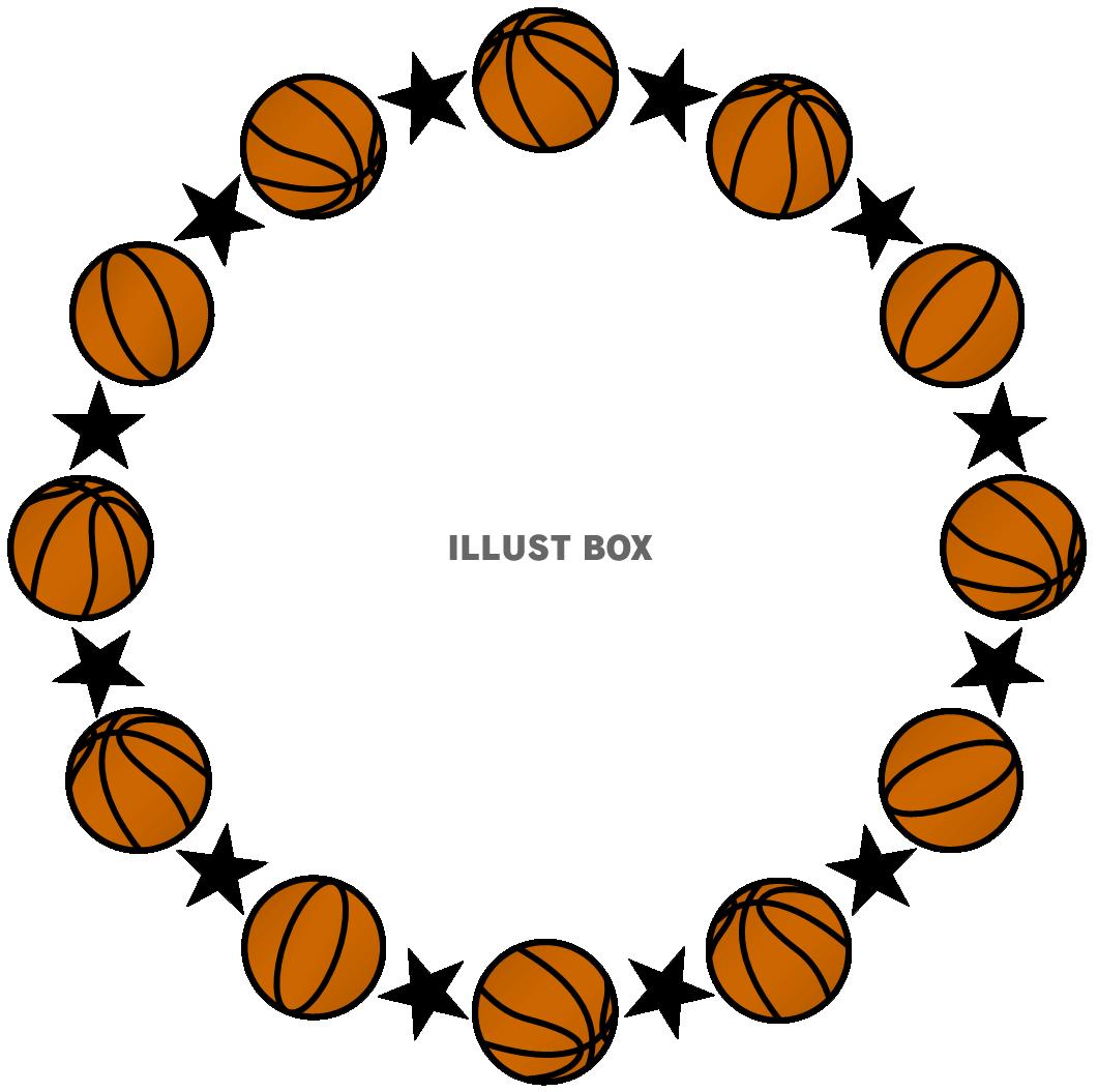 無料イラスト バスケットボールと星の丸形 円形 フレーム黒