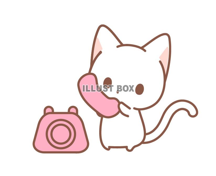 ピンクの電話で通話する猫ちゃんのイラスト