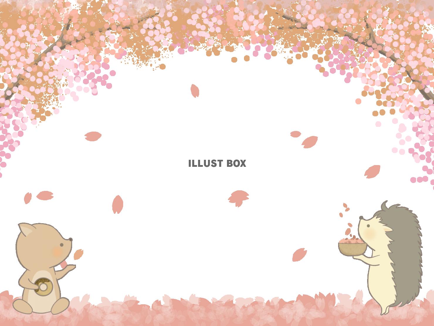 春　サクラと動物のフレームイラスト　線あり