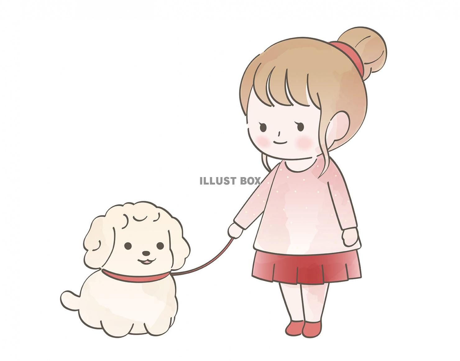 女の子と愛犬の水彩風イラスト