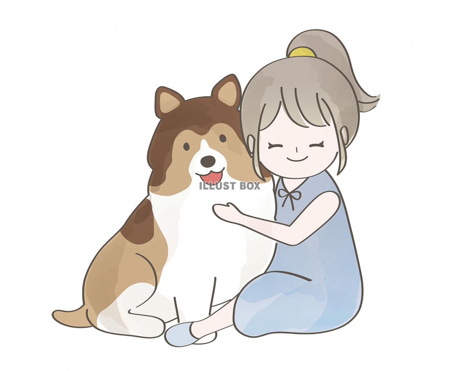 無料イラスト 女の子と愛犬の水彩風イラスト