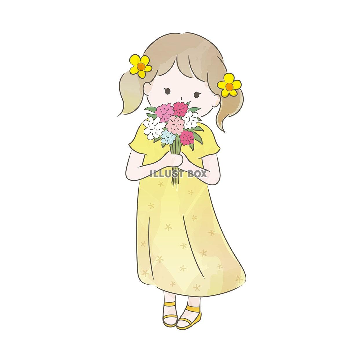 無料イラスト 花束を持った女の子の水彩風イラスト