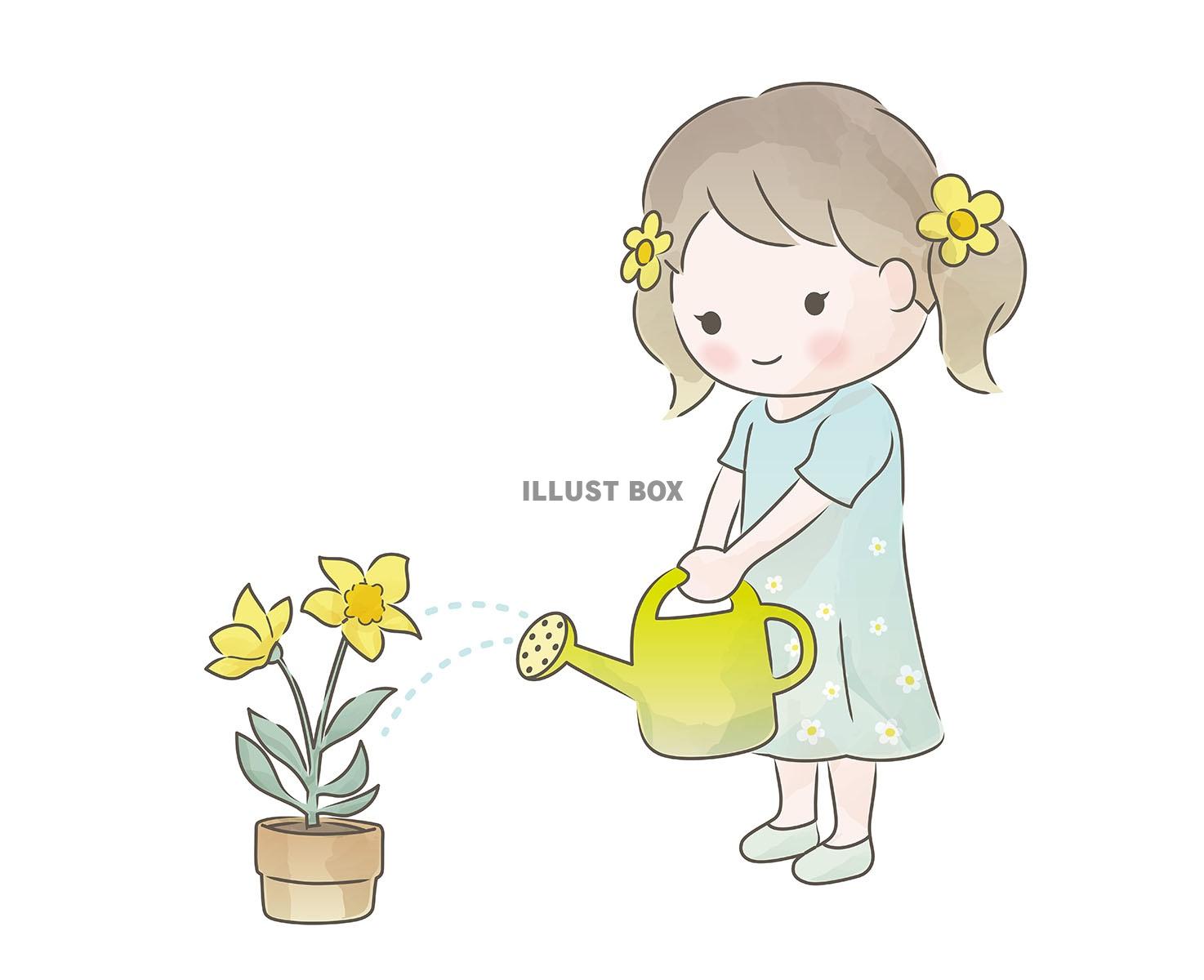 無料イラスト 花に水をあげる女の子の水彩風イラスト