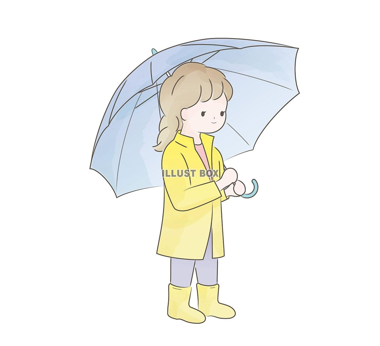 レインコートを着て傘をさした女の子の水彩風イラスト