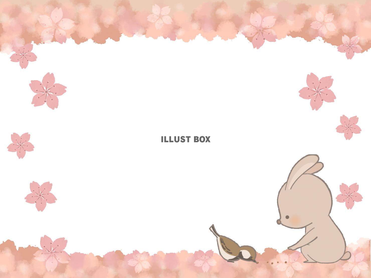 桜　スズメとウサギのフレームイラスト　線あり