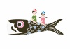 ５月５日　こいのぼり　端午の節句　こいのぼり(真鯉)に乗った折り紙で折ったカブトをかぶった男の子と女の子