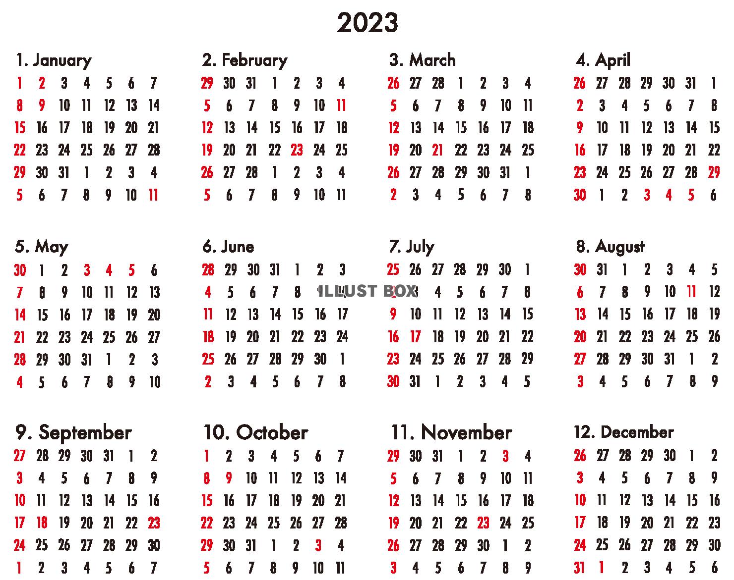 2023年　カレンダー日付け