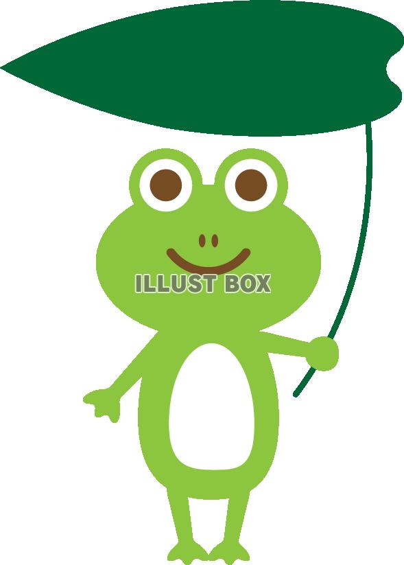 無料イラスト 葉っぱの傘をさしているカエル 緑