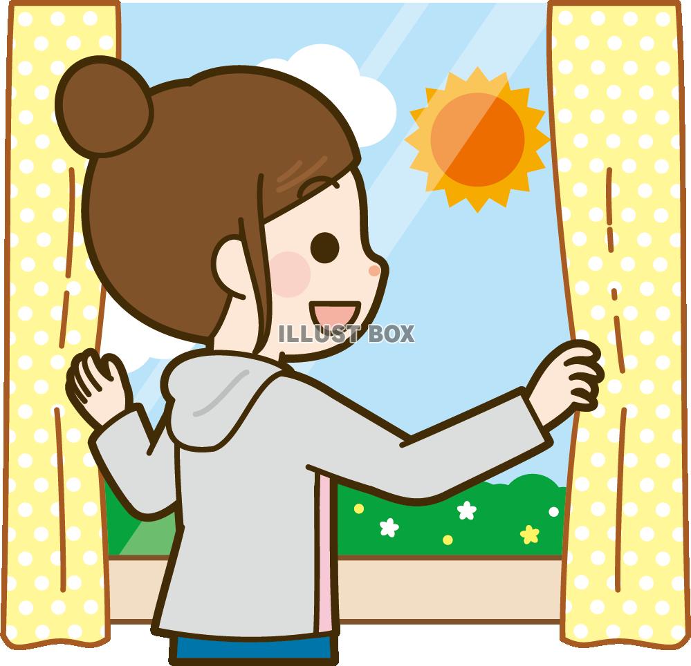 朝起きてカーテンを開ける女性