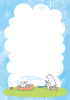 シロクマの親子お庭でプール水遊び白熊A4縦フレーム青空入道雲