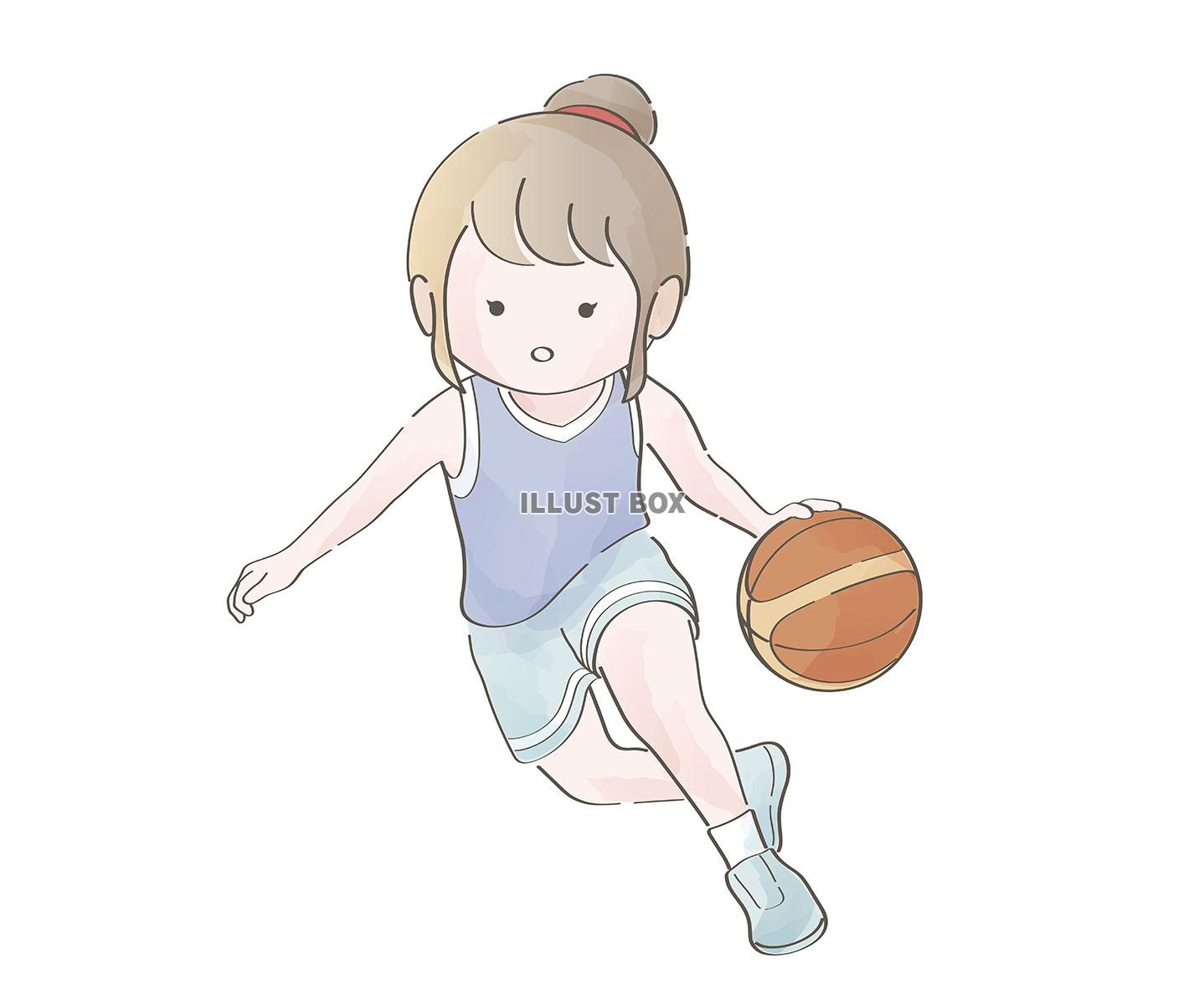 バスケットボールをする女の子の水彩風イラスト