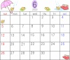 2022年6月のカレンダー素材、カタツムリ、傘、長靴のかわいいカレンダー