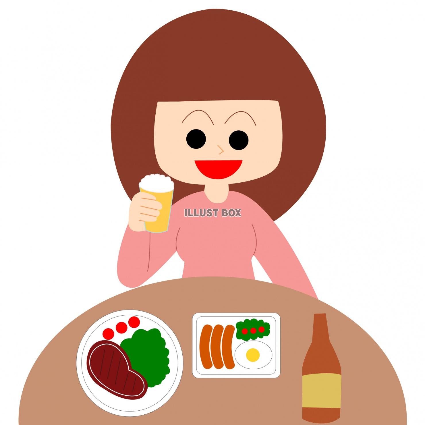 食事をしながらビールを飲む女性