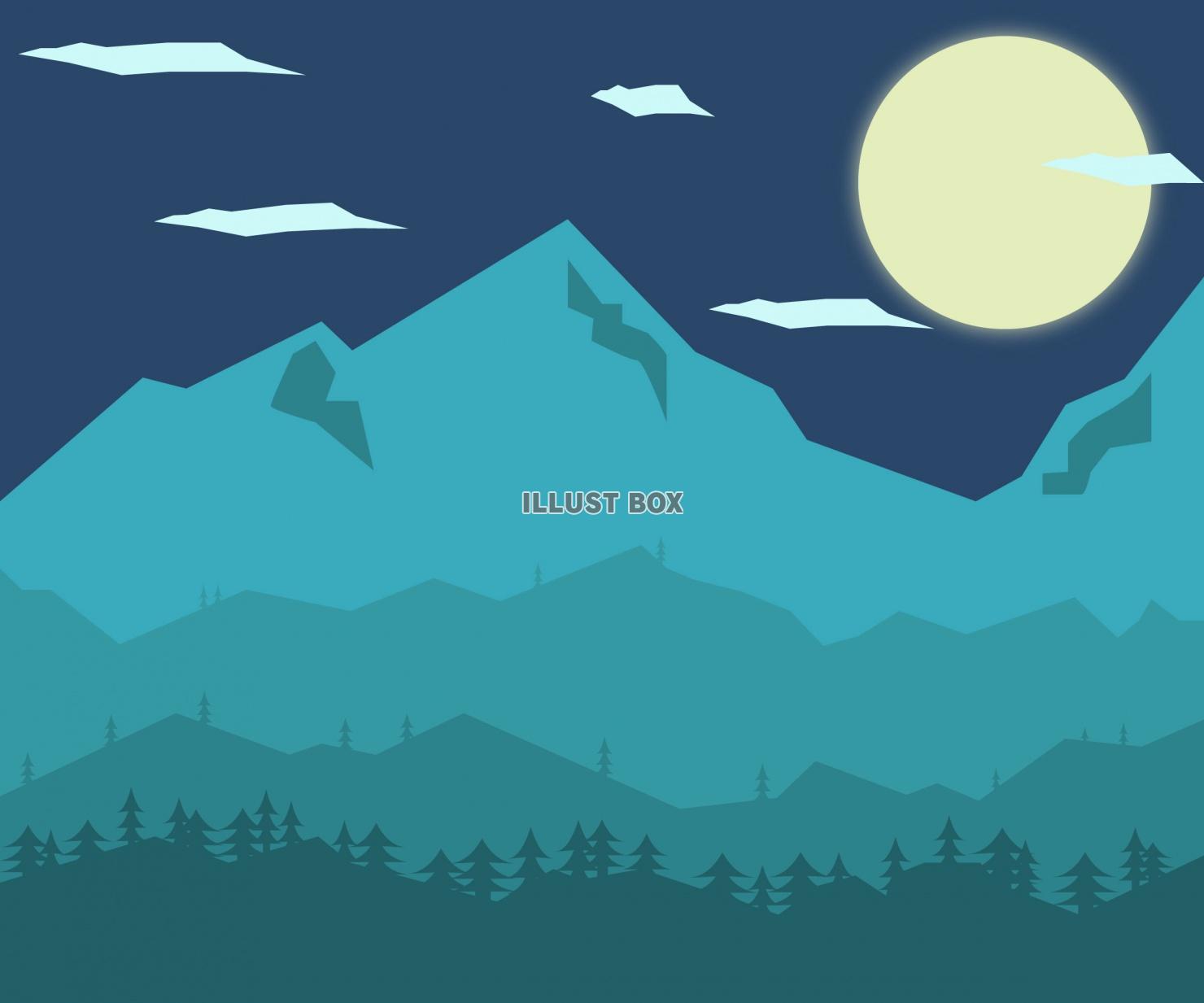 無料イラスト 満月が浮かぶ夜の山の背景