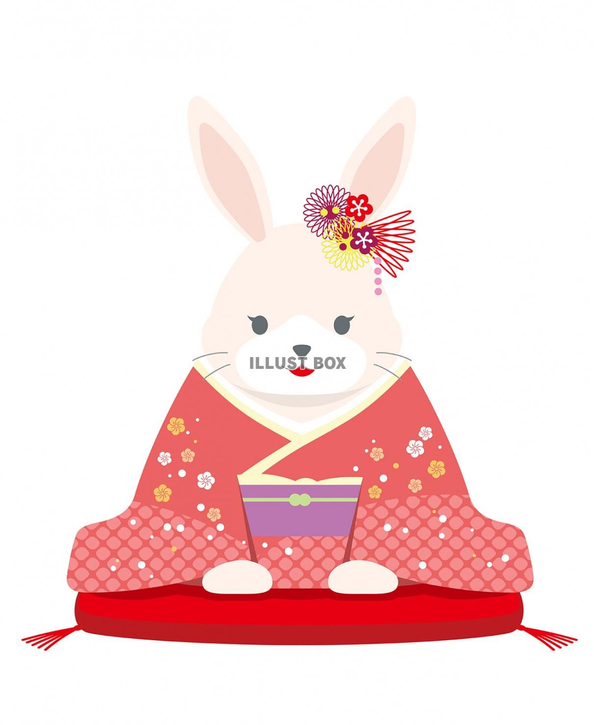卯年の年賀状素材　和装で挨拶するウサギ