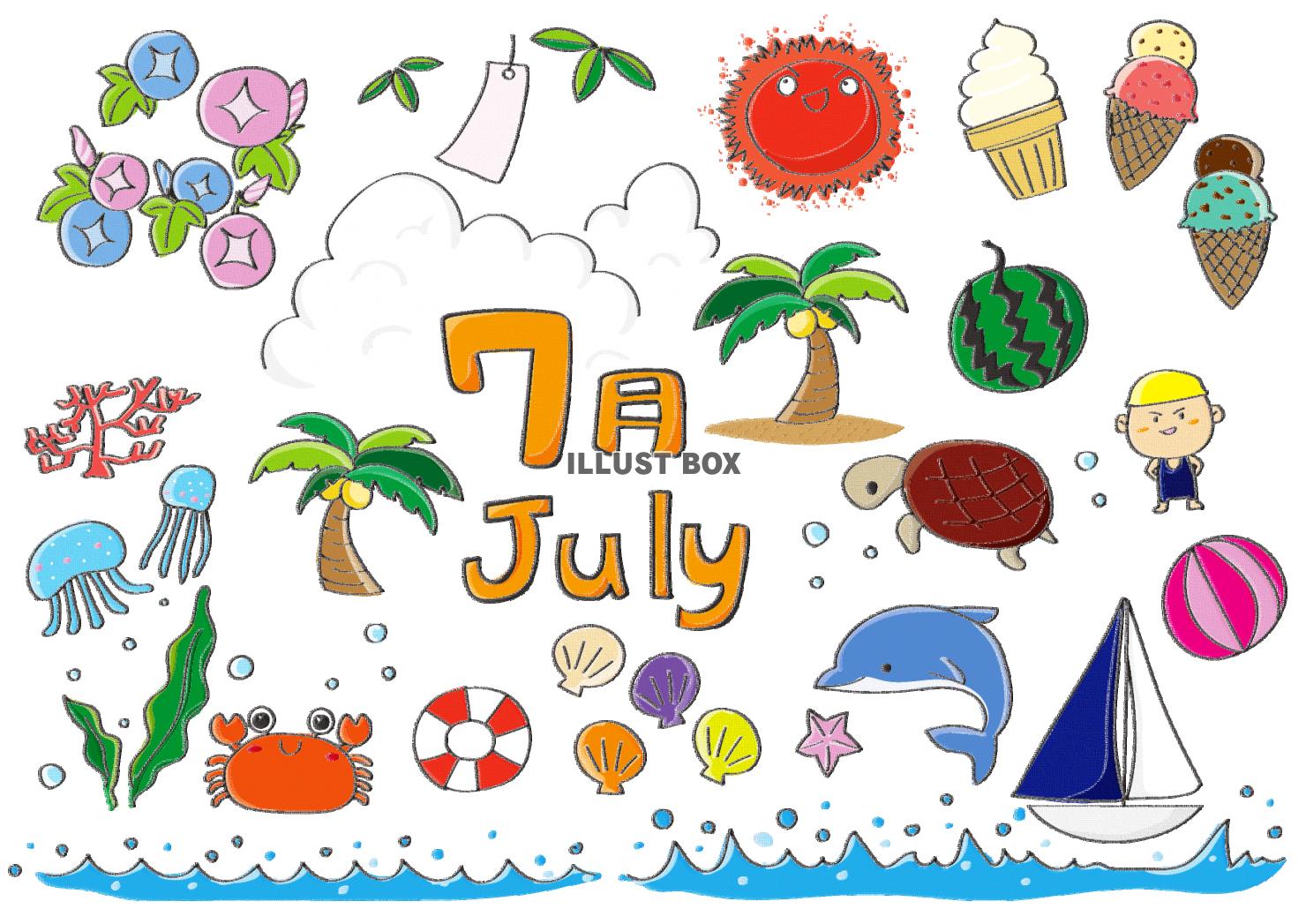 無料イラスト 7月海と夏のイメージパステル調手描き風
