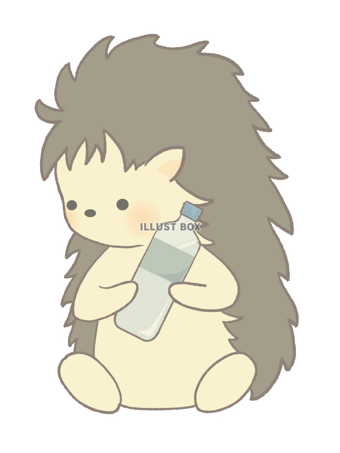 ペットボトルを持つハリネズミのイラスト　線あり