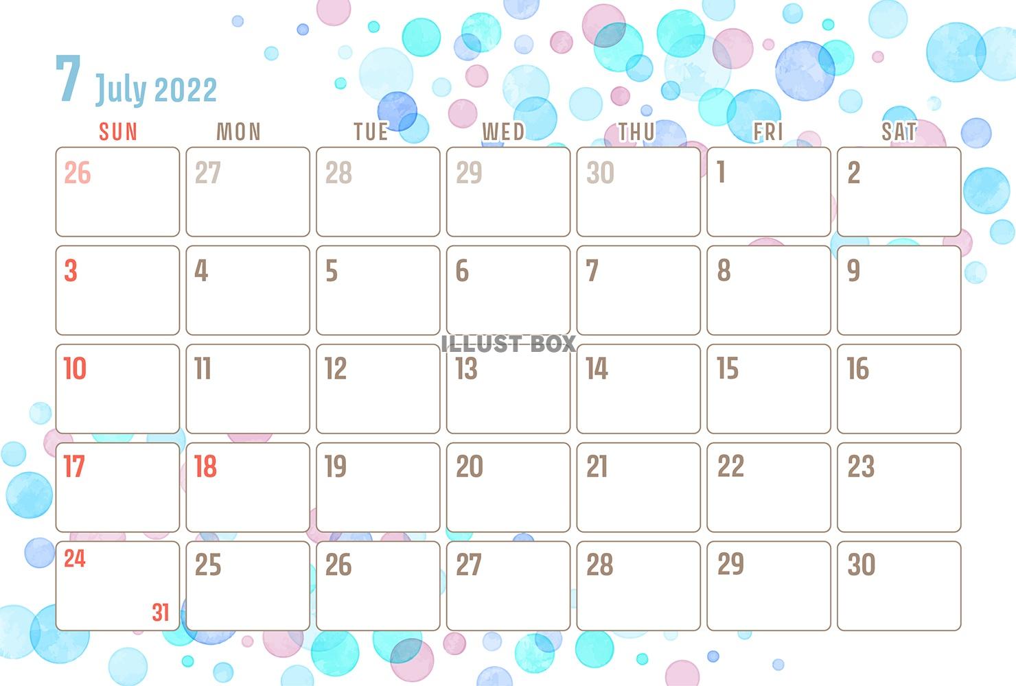 2022年7月のカレンダー（ドット柄）ハガキサイズ版