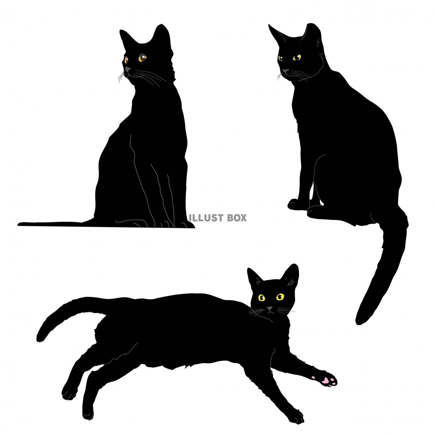 無料イラスト 黒猫3ポーズセット 素材 イラスト