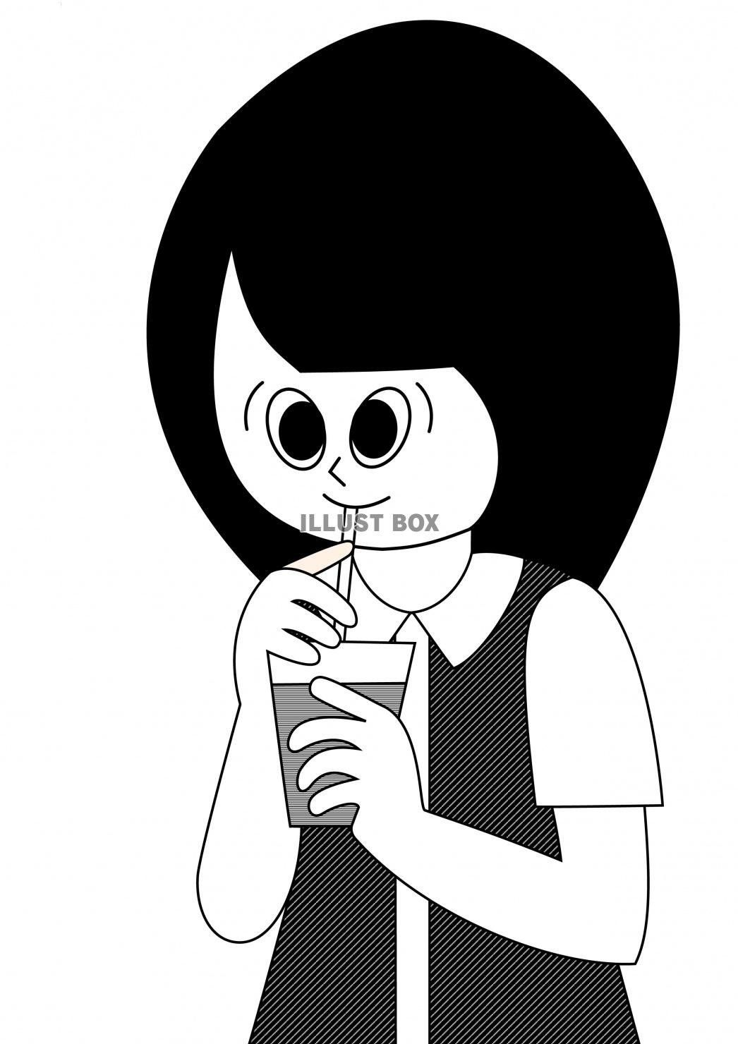 無料イラスト ジュースを飲む女の子 白黒