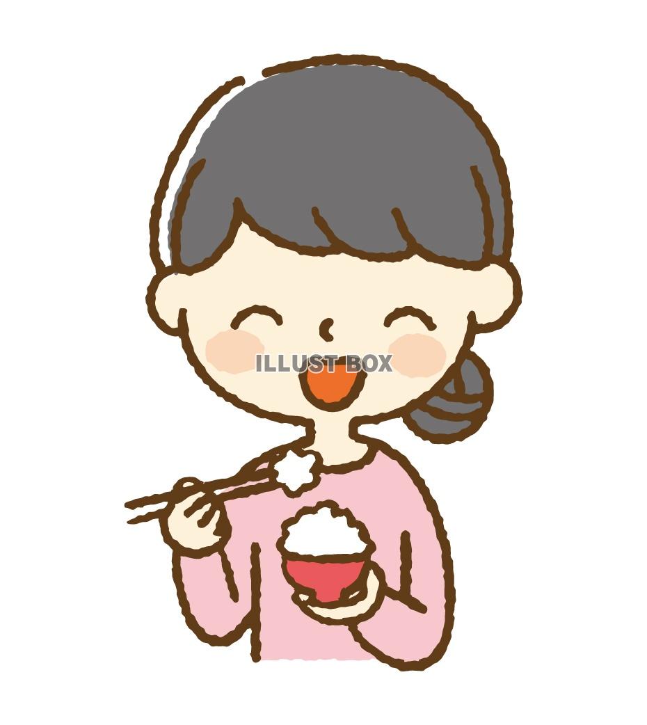 無料イラスト 笑顔でご飯を食べる女性