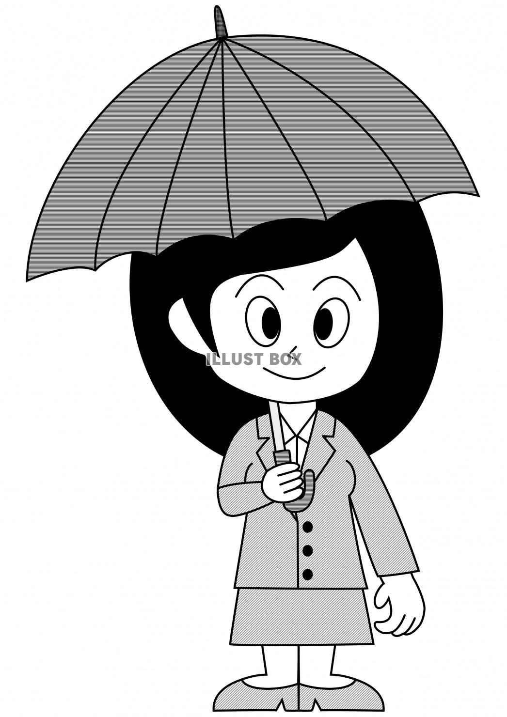 無料イラスト 傘をさす女性 白黒