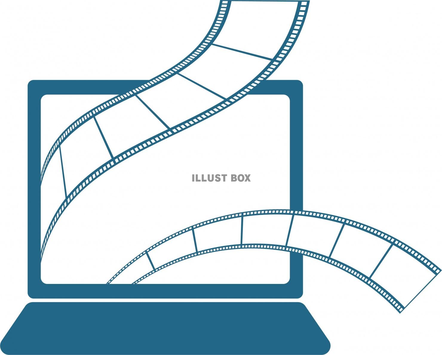 シンプルなノートパソコンから飛び出すフィルムのイラスト