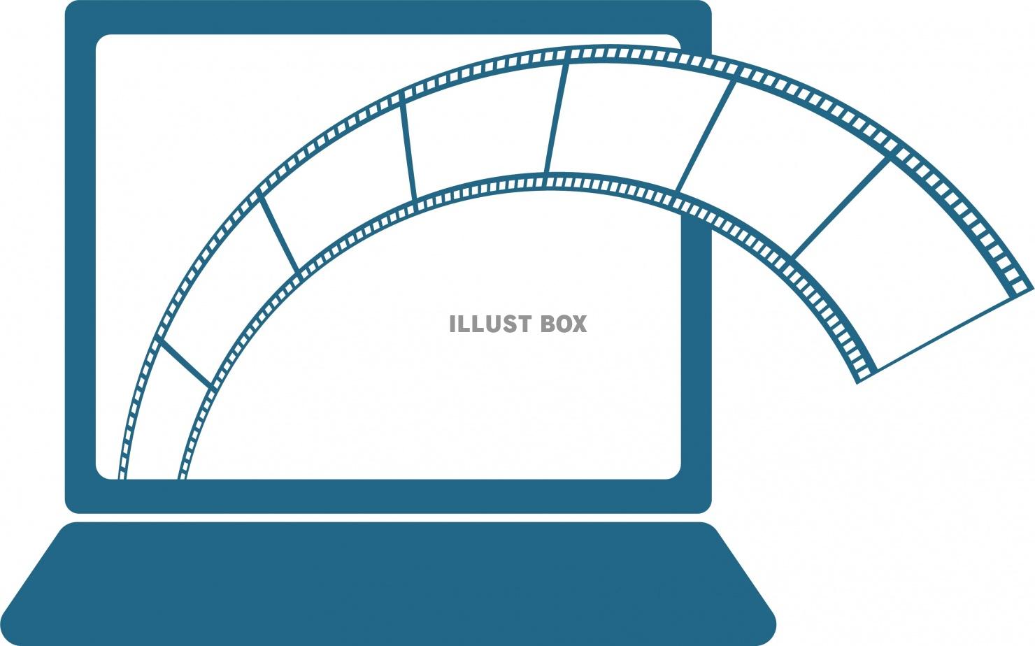 シンプルなノートパソコンから飛び出すフィルムのイラスト