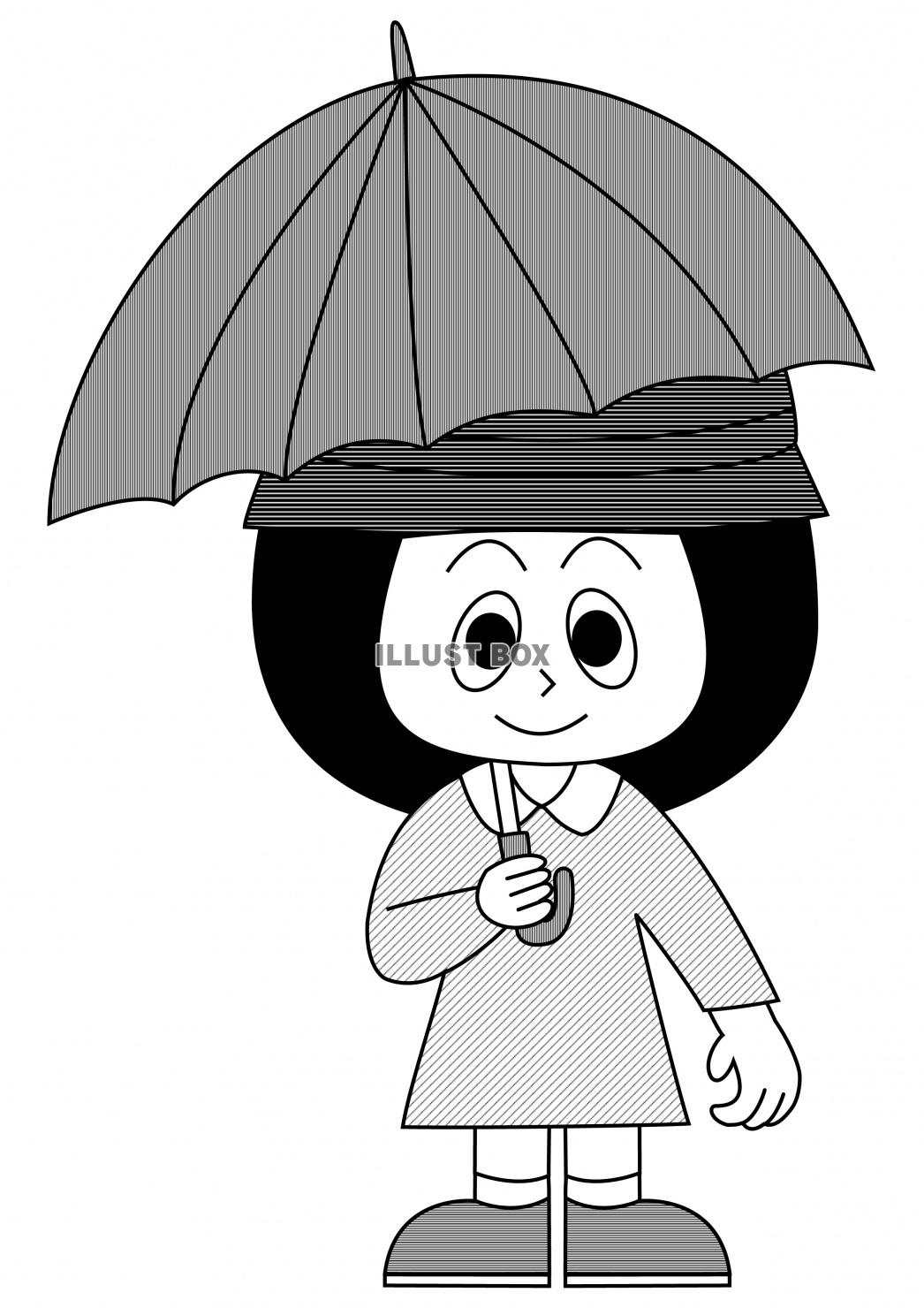 無料イラスト 傘をさす幼稚園児 女の子 白黒