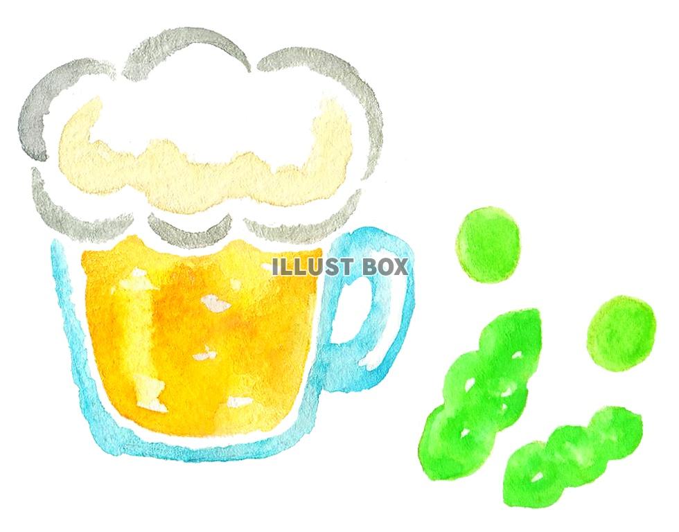 水彩のビールと枝豆１