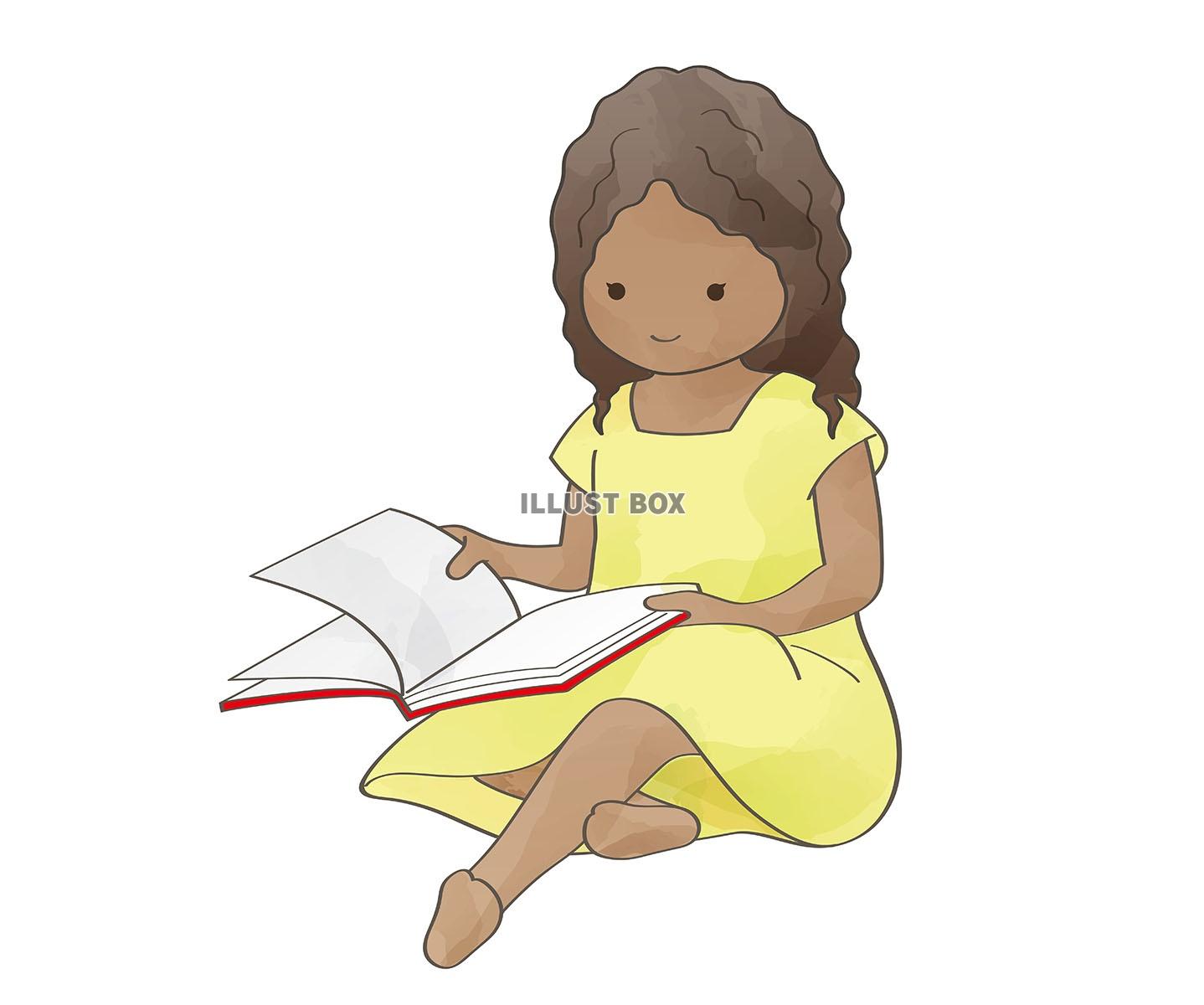 無料イラスト 座って本を読む女の子の水彩風イラスト