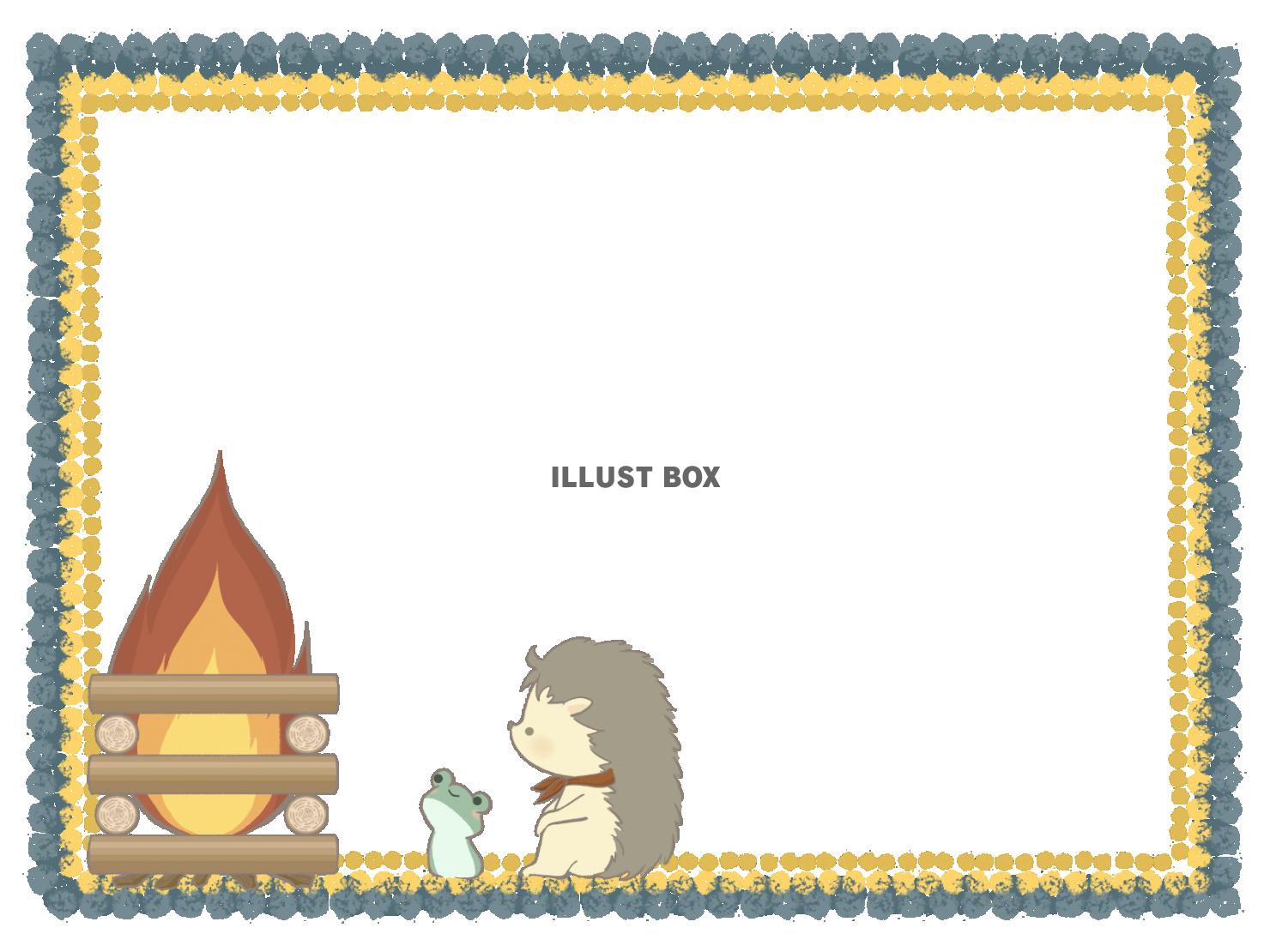 キャンプファイヤーをするカエルとハリネズミのフレームイラスト...