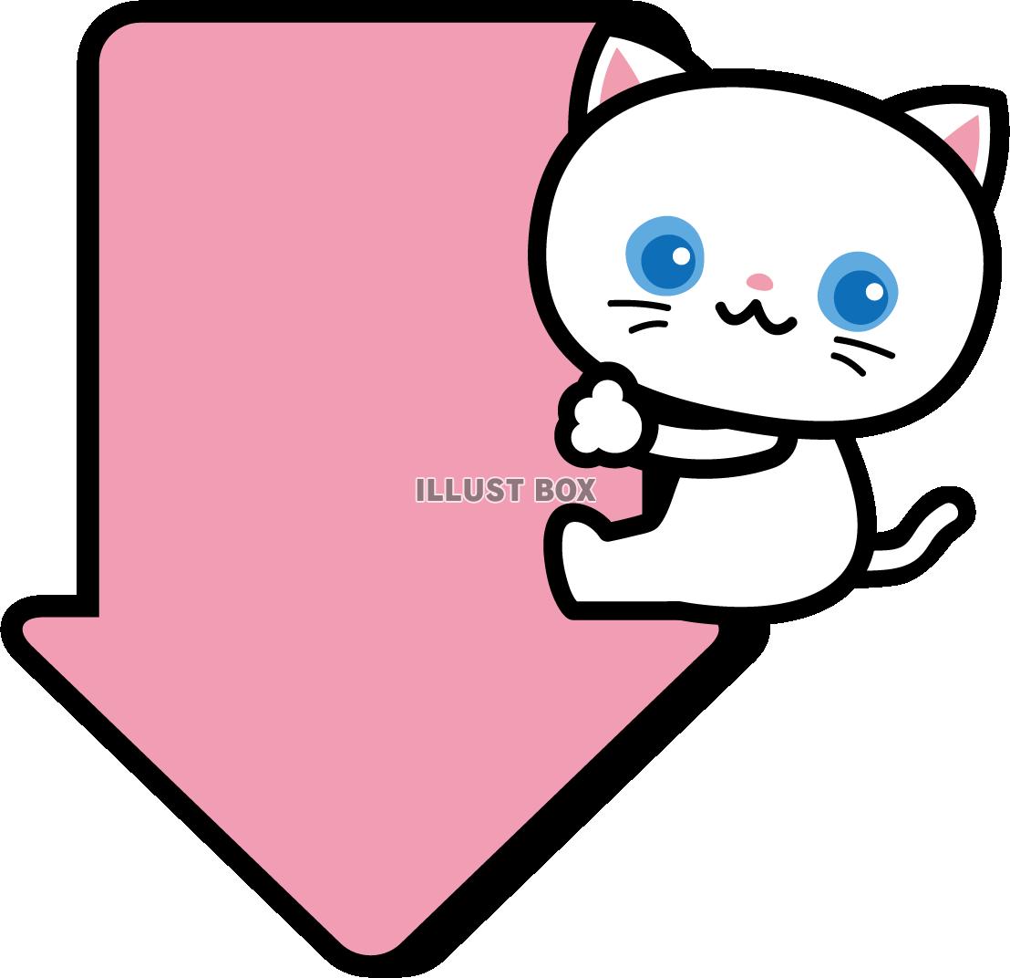 【猫】下矢印を持った白猫のイラスト