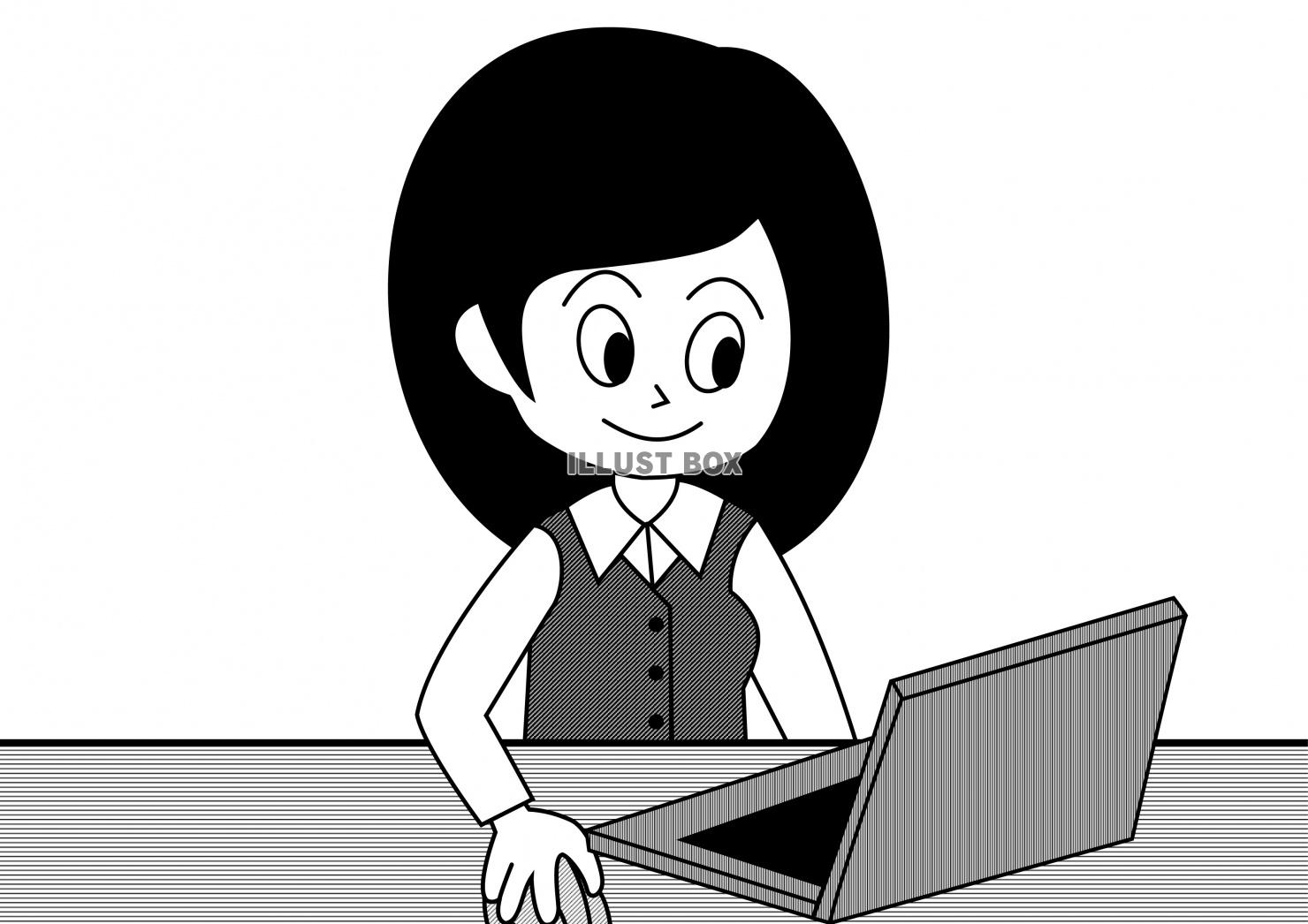 PC作業する女性会社員（白黒）