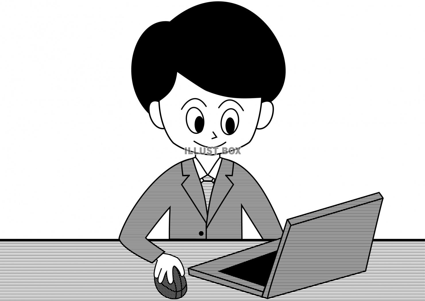 PC作業する男性会社員(白黒)
