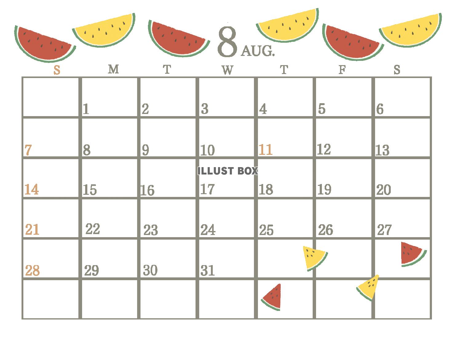 ２０２２年　８月のカレンダー　スイカ