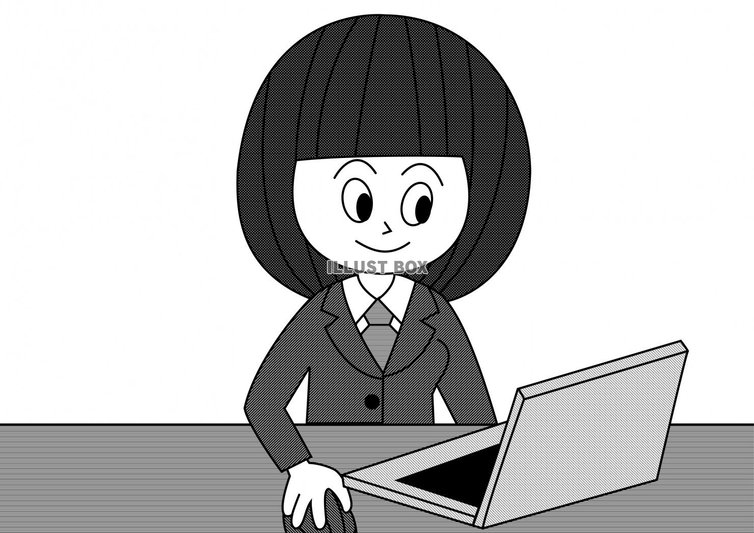 パソコン操作する女子学生（白黒）