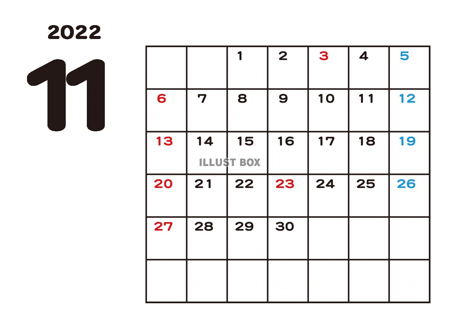 3_カレンダー_2022・11月・白黒・横
