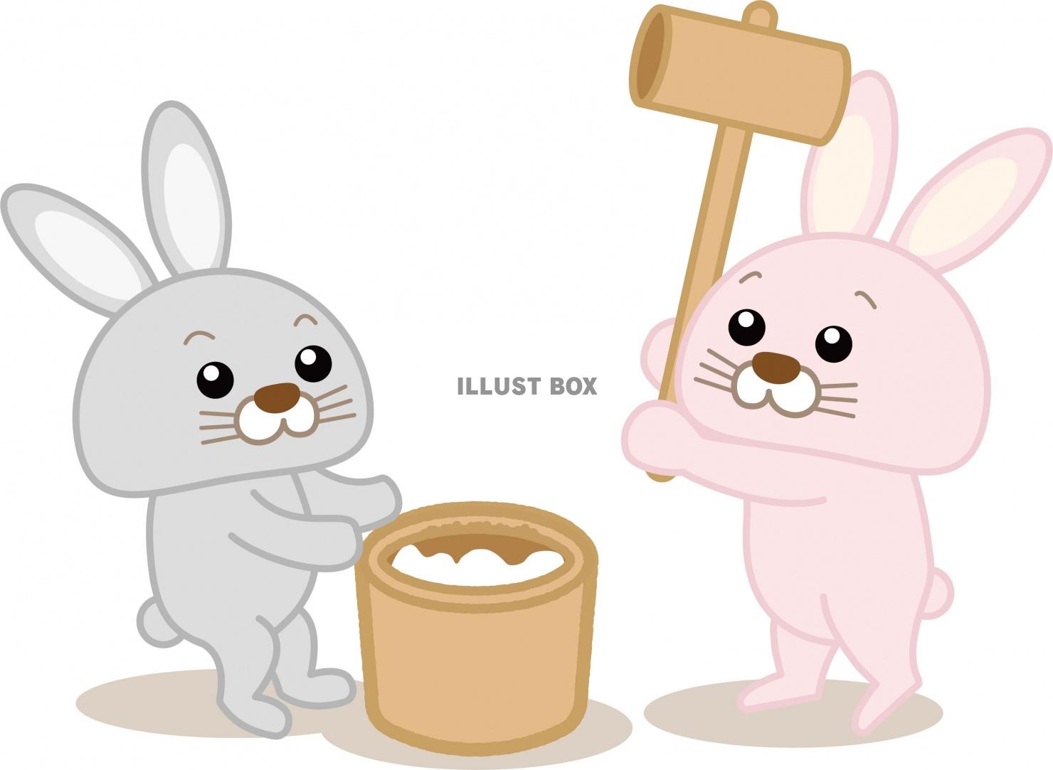 楽しく餅つきをするウサギのイラスト