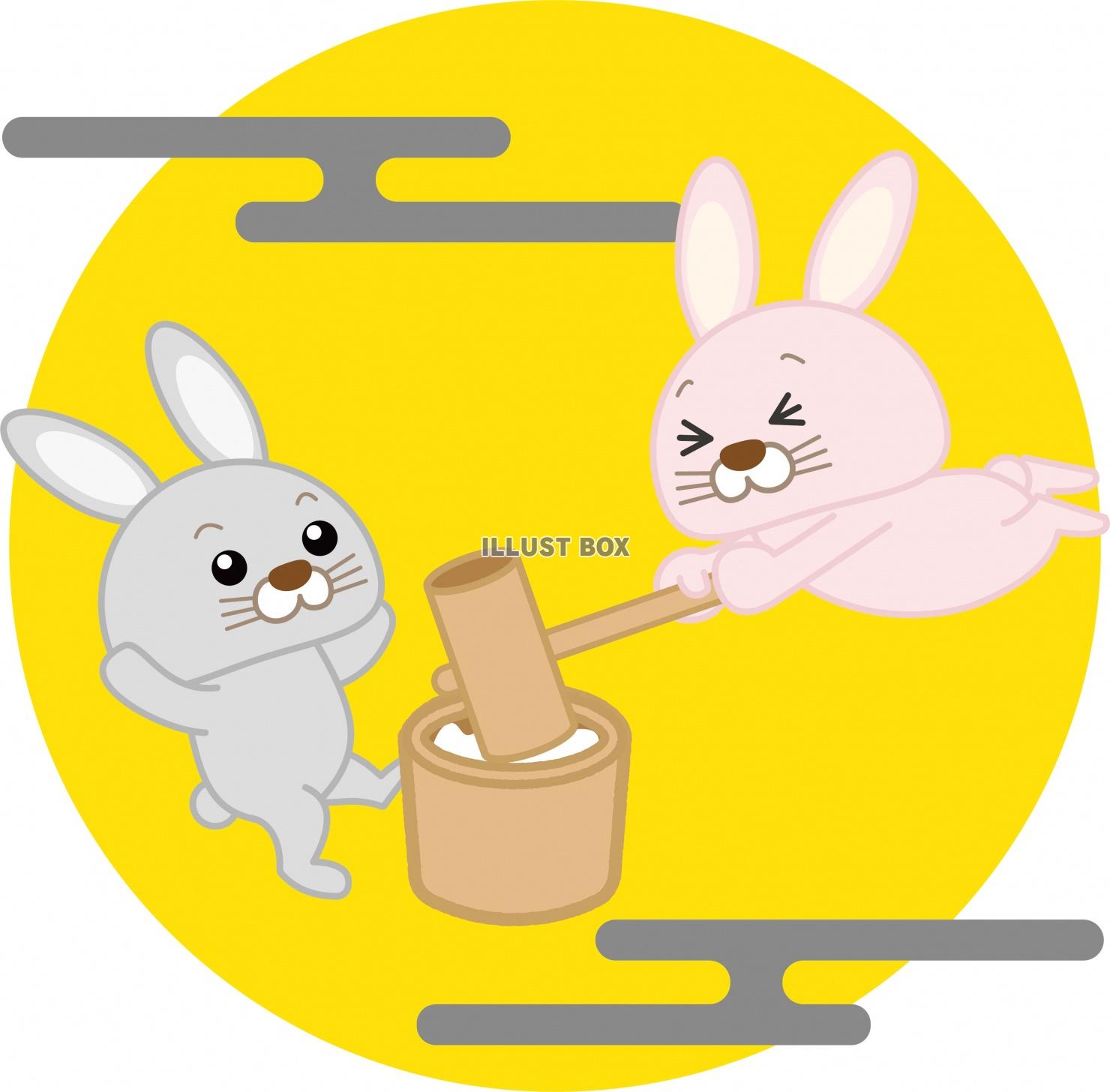 満月の中で楽しく餅つきをするウサギのイラスト