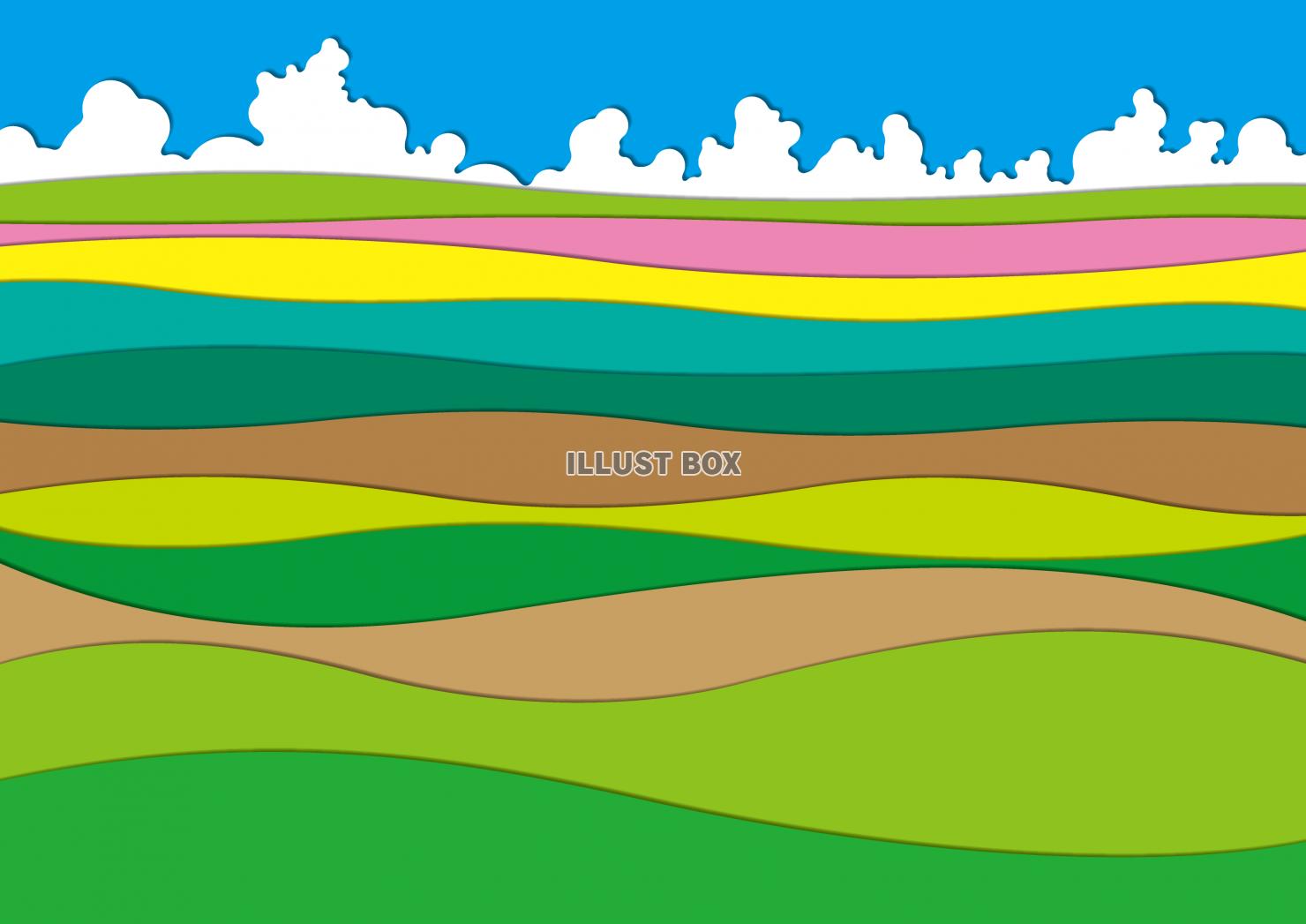 シンプルな切り絵風　なだらかな丘陵の風景