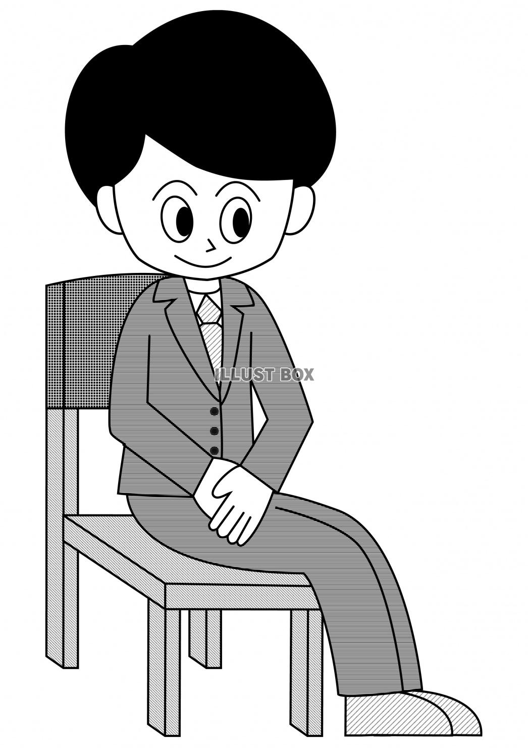 椅子に座る男性（白黒）